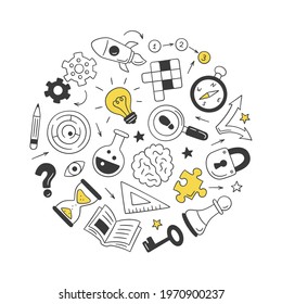 Puzzle and riddles. Set of isolated hand drawn objects. Crossword puzzle, Maze, Brain, Chess piece, Light bulb, labyrinth, gear, lock and key. Vector illustration in doodle style on white background.