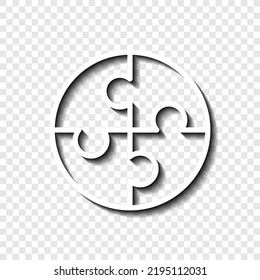 Puzzle, round simple icon vector. Flat design. White with shadow on transparent grid.