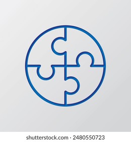 Rompecabezas, Vector de iconos simples redondos. Diseño plano. Diseño de corte de papel. Símbolo azul cortado con sombra. Fondo gris.ai