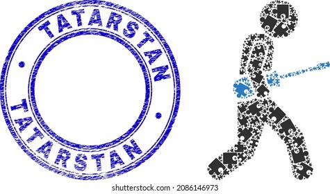 Puzzle screwdriver courier mosaic icon with Tatarstan watermark. Blue vector round distress watermark with Tatarstan text. Abstract concept of screwdriver courier icon designed of puzzle plugins.