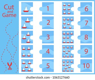 Puzzle with sea boat and numbers. Learn to count numbers funny cartoon game. Kids Mathematical count exercise and activities jigsaw. Vector illustration.