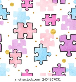 Puzzle seamless pattern. Vector colorful watercolor illustration with puzzle pieces