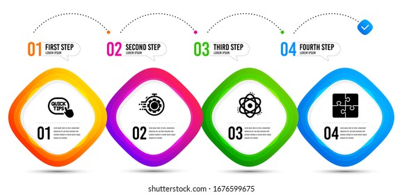 Puzzle, Seo timer and Quick tips icons simple set. Timeline infographic. Atom sign. Engineering strategy, Cogwheel, Helpful tricks. Electron. Science set. Steps banner with puzzle icon. Vector