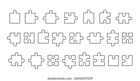 Conjunto de piezas separadas de rompecabezas ilustración dibujada a mano de doodle de contorno simple, Elementos de diseño de juego de rompecabezas de línea para niños y adultos