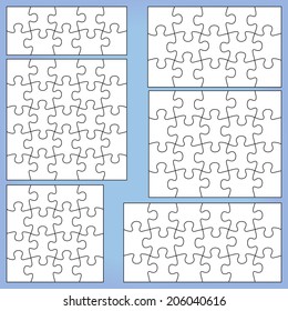 Puzzle set: 10, 15, 16, 18, 20, 25 pieces. Outline vector jigsaw.