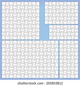 Puzzle set: 32, 50, 54, 100, 150 pieces. Outline vector jigsaw.