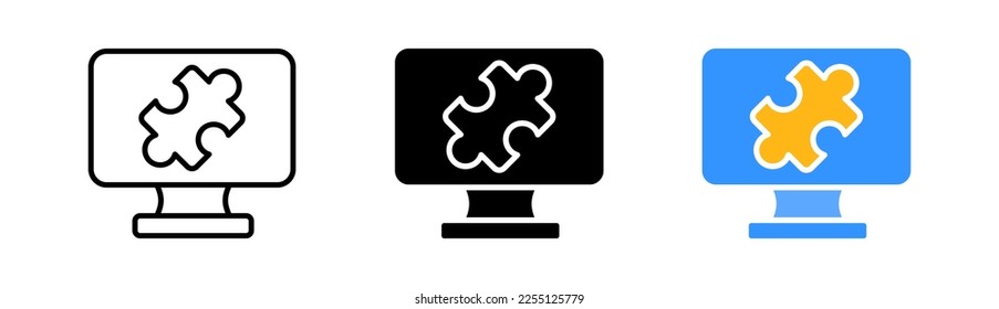 Puzzle set icon. Assembled puzzles, disassembled puzzles, puzzle and clipboard. Conundrum concept. Vector icon in line, black and colorful style on white background