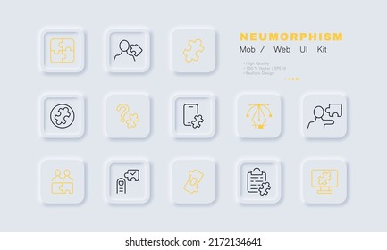 Puzzle Set Symbol. Zusammengestelltes Rätsel, ungelöstes Problem, Rätsel, Fragezeichen, Anwendungsentwicklung, Monitor, Idee. Kreativitätskonzept. Neomorphismus-Stil. Vektorliniensymbol für Werbung