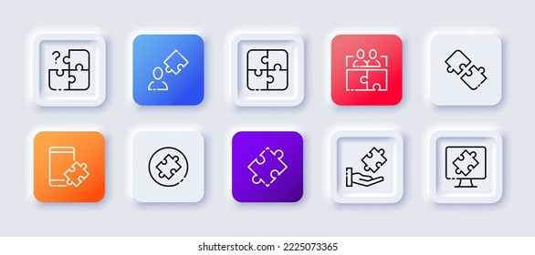 Puzzle set icon. Solving problems, jigsaw, problems, monitor, application development, teambuildings. Creative thinking. Motivation concept. Neomorphism style. Vector line icon for Business