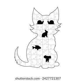 The puzzle is in the shape of a cat, and inside there are five black animals, namely two snails, a rabbit, a slok and a fish. Vector illustration EPS10