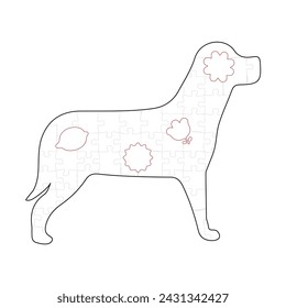 The puzzle is in the shape of a dog, in the shape of a dog, and in the middle of the red four objects: a lemon and three flowers of different kinds. Vector illustration EPS10