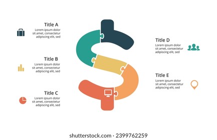 Puzzle in shape of dollar sign divided into 5 pieces. Minimal infographic design layout. Money saving, monetary policy, finance and budget planning concept. Vector illustration for brochure.