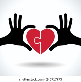 puzzle in the shape of heart in human hands. Heart in hands. Valentine's day, romance, love concept 