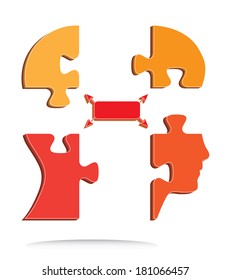 Puzzle shaped head with arrows, abstract vector design.