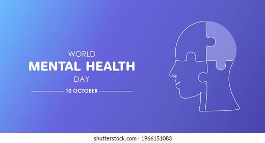 Puzzle shaped head lacking one piece in one line drawing. Horizontal banner notification about World Mental health day. Vector illustration