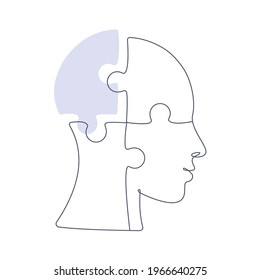 Puzzle shaped head lacking one piece in one line drawing. Concept of Mental health. Vector illustration