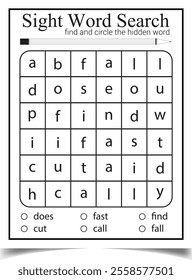 Puzzle sight word search practice worksheet for child