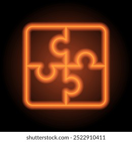 Puzzle simple icon vector. Flat design. Orange neon on black background.ai