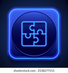 Puzzle simple icon vector. Flat design. Blue neon style on button. With shadow.ai