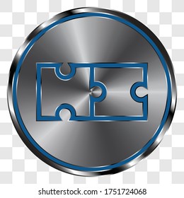 Puzzle simple icon vector on metal round button. Transparent grid