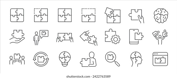 Puzzle simple minimal thin line icons. Related jigsaw, solution, idea, problem solving. Vector illustration.