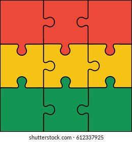 Puzzle simple modern illustration on flat design style & nine complete Jigsaw vector with national Bolivia flag red, green & yellow color & black line or outline background south america