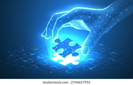 Puzzle. Single puzzle in digital hand. Closeup view. 3d abstract low pole. Business strategy, success digital solution, jigsaw games symbol. Creative idea, corporate mission, connection, ai concept