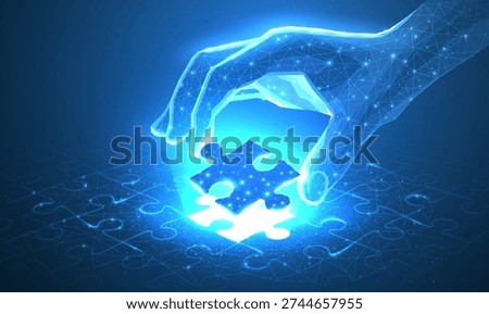 Puzzle. Single puzzle in digital hand. Closeup view. 3d abstract low pole. Business strategy, success digital solution, jigsaw games symbol. Creative idea, corporate mission, connection, ai concept