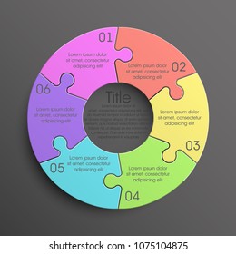 Puzzle six piece business presentation pictogram. Circle infograph. 6 Step puzzle round process diagram. Section compare banner. Simple 6 piece puzzle wallpaper template. Vector banner presentation