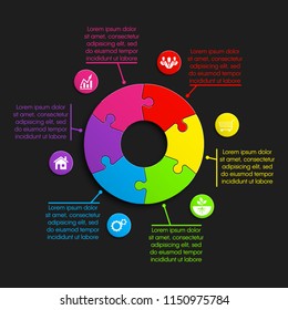 Puzzle six piece business presentation pictogram. Circle infograph. 6 Step puzzle round process diagram. Section compare banner. Simple 6 piece puzzle wallpaper template. Vector banner presentation