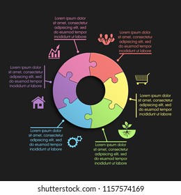 Puzzle six piece business presentation pictogram. Circle infograph. 6 Step puzzle round process diagram. Section compare banner. Simple 6 piece puzzle wallpaper template. Vector banner presentation