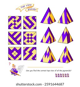 Puzzle for smartest. Can you find the correct top view of all the pyramids? Logic game for children and adults. 3D maze. Brain teaser book. Developing spatial thinking. IQ test. Flat vector image.