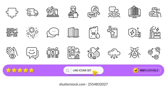 Puzzle, Smile face and Best app line icons for web app. Pack of Share call, Enterprise, Software bug pictogram icons. Medicine price, Cloud computing, Dots message signs. Search bar. Vector