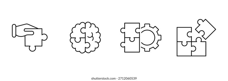 Conjunto de iconos de solución de rompecabezas, pieza de mano de ayuda, rompecabezas de cerebro creativo, integración de engranajes, bloques ensamblados, esquema de progreso, Ilustración vectorial mínima.