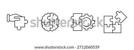 Puzzle solution icon set, helping hand piece, creative brain jigsaw, gear integration, assembled blocks progress outline minimal vector illustration.
