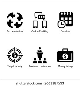 Puzzle solution, Online Chatting, Dateline, Target money, Business conference, Money in bag, icon