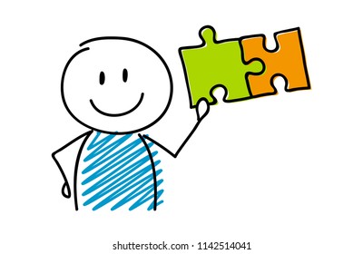 Puzzle (solution) symbol with smiley stickman. Vector.