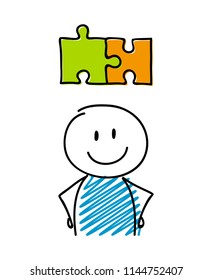 Puzzle (solution) symbol with smiley stickman. Vector.