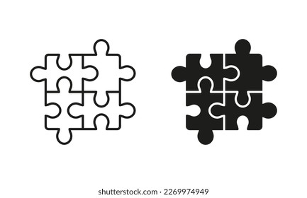 Rompecabezas, Solucionar problemas de silueta e icono de línea en fondo blanco. Pictograma de soluciones y trabajo en equipo. Forma de rompecabezas, Icono de combinación de piezas. Stroke editable. Ilustración de vectores aislados.