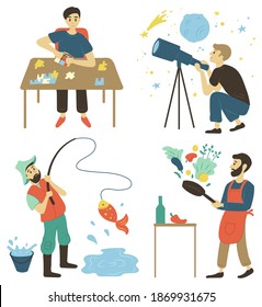 Puzzle solving and astronomy hobby vector, isolated set of men. Cooking and fishing, chef with pan and fisherman with rod catching fish, astrology