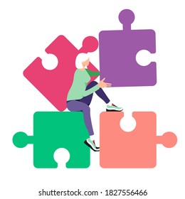 Puzzle solving flat cartoon illustration. Problem solving, task planning, business cooperation banner. Creative thinking design.