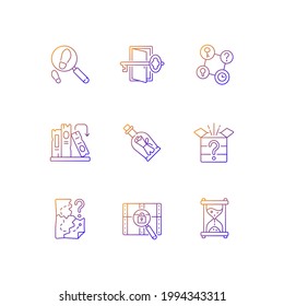 Puzzle solving gradient linear vector icons set. Investigate footprints. Message in bottle. Clues for riddles. Thin line contour symbols bundle. Isolated vector outline illustrations collection