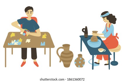 Puzzle solving man vector, isolated male and woman on leisure. Pastime of people at home, lady with pots making products from clay, person playing