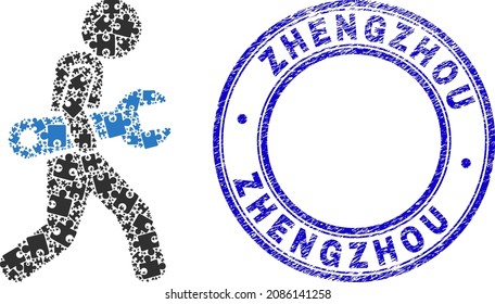 Puzzle spanner courier mosaic icon with Zhengzhou badge. Blue vector round textured watermark with Zhengzhou phrase. Abstract mosaic of spanner courier icon created of puzzle icons.