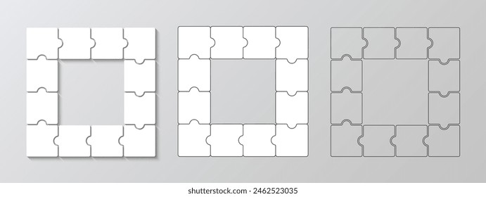 Puzzle square grid solid and outline. Jigsaw puzzle business presentation. Square info graphic with 12 pieces, parts of process diagram. Business presentation for infographics. Vector illustration