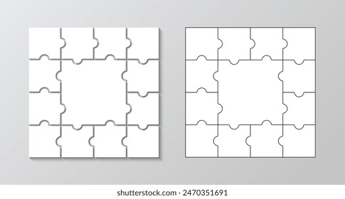 Rompecabezas cuadrículas cuadradas sólido y contorno. Cortando Plantilla. Piezas de rompecabezas rellenas y contorneadas. Esquema para el juego de pensar. Fondo de mosaico simple con detalles separados. Ilustración vectorial.