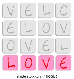 Puzzle of square letter blocks spelling love in bright pink and red. Illustration