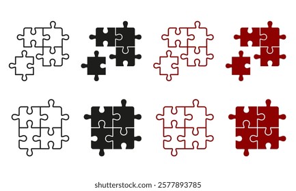 Puzzle Square Pieces Match Line and Silhouette Icon Set. Logic Combination Pictogram. Jigsaw Solution Concept. Editable Stroke. Isolated Vector Illustration.