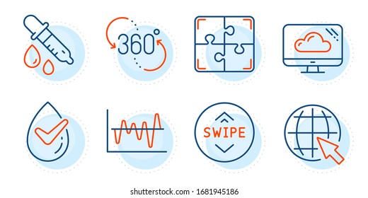 Puzzle, Stock analysis and Dermatologically tested signs. 360 degree, Cloud storage and Chemistry pipette line icons set. Internet, Swipe up symbols. Virtual reality, Computer. Science set. Vector
