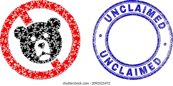Puzzle stop bear mosaic icon with Unclaimed stamp. Blue vector rounded distress stamp with Unclaimed title. Abstract mosaic of stop bear icon constructed of puzzle pieces.